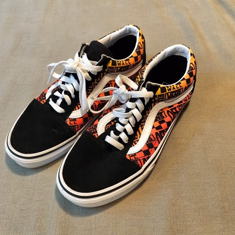 Vans Off The Wall Logo Flame Checkerboard Red Yellow W 8.5 /M 7 Black Leather